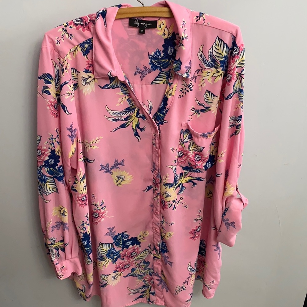 Silky Pink Floral Blouse 2X -Long -Loose fit